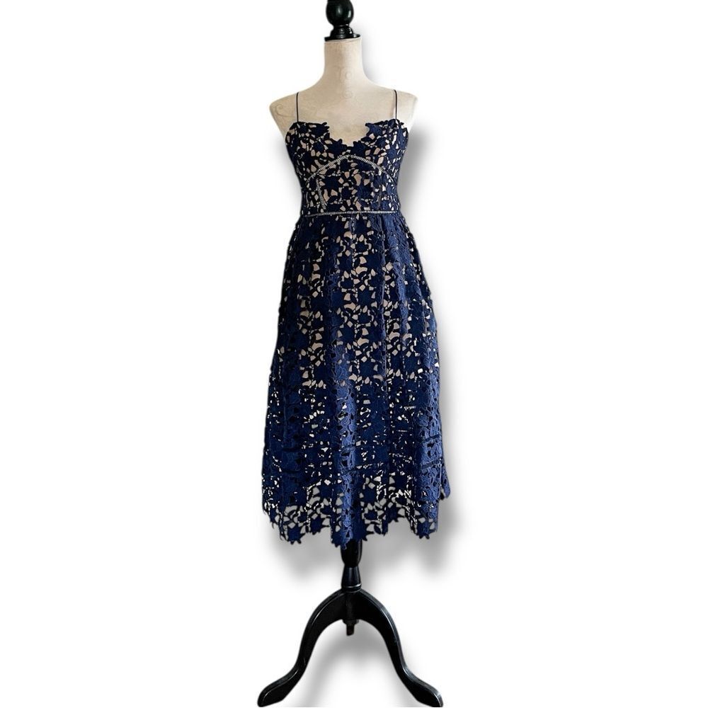 Self-Portrait Azaelea Navy Blue Guipure Lace Midi Dress, Size 10